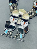 149 Grams 1970's Owl Vintage Native American Zuni Inlay Sterling Silver Squash Blossom Necklace-Nativo Arts