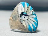 One Of The Best Vintage Mens Native American Zuni Turquoise Inlay Sterling Silver Ring Old-Nativo Arts