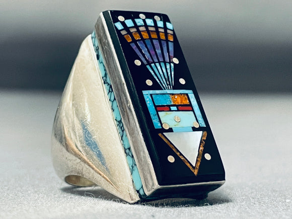 Native American Important Sammy Smith Inlay Outer Space Kachina Turquoise Sterling Silver Ring-Nativo Arts