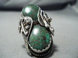 Huge Authentic Vintage Native American Navajo Green Turquoise Sterling Silver Leaf Ring Old-Nativo Arts