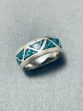 Detailed Vintage Native American Navajo Turquoise Sterling Silver Inlay Ring Old-Nativo Arts