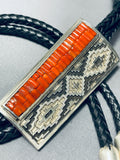 One Of The Best Native American Navajo Coral Inlay Sterling Silver Bolo Tie-Nativo Arts