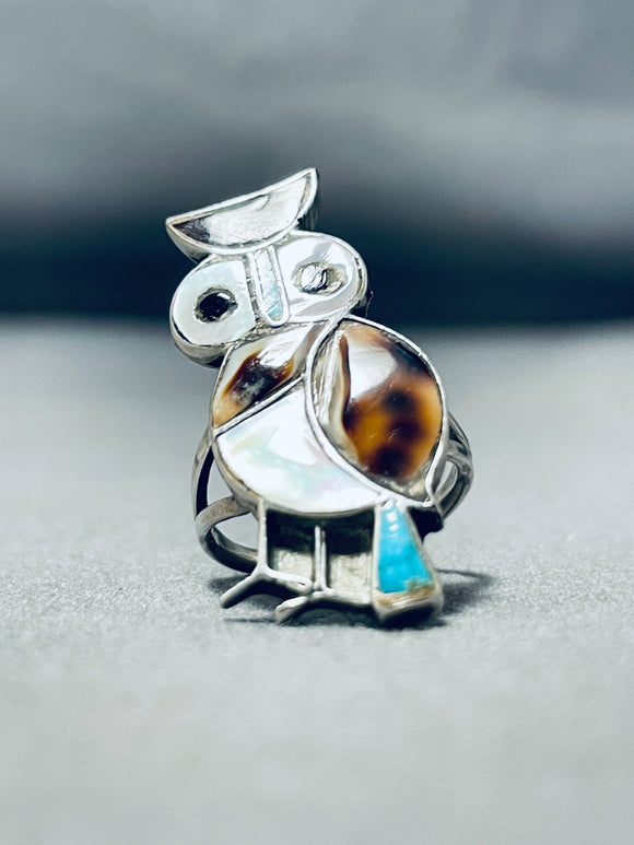 Native American Wonderful Vintage Zuni Mother Of Pearl Sterling Silver Owl Ring-Nativo Arts