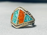 Incredible Vintage Native American Navajo Coral Turquoise Sterling Silver Ring Old-Nativo Arts