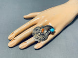 Powerful Huge Native American Navajo Turquoise Coral Sterling Silver Mens Ring-Nativo Arts