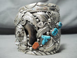 Monstrous Bear Vintage Native American Navajo Turquoise Coral Sterling Silver Leaf Bracelet-Nativo Arts
