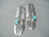 Eye-catching Native American Navajo Blue Diamond Turquoise Sterling Silver Feather Earrings-Nativo Arts