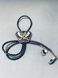 Very Rare Earlier Vintage Native American Zuni Turquoise Coral Sterling Silver Bolo Tie Old-Nativo Arts