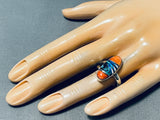 Vibrant Native American Navajo Turquoise Spiny Opal Inlay Sterling Silver Large Ring-Nativo Arts