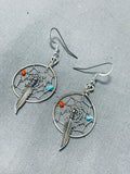 Exceptional Native American Navajo Turquoise & Coral Sterling Silver Dreamcatcher Earrings-Nativo Arts