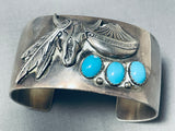 Detailed Wide Vintage Native American Navajo Turquoise Sterling Silver Feather Bracelet-Nativo Arts