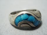 Detailed Vintage Native American Navajo Turquoise Wave Sterling Silver Ring Old-Nativo Arts