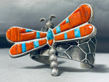 Rare Native American Navajo Signed Inlay Coral Kingman Turquoise Sterling Silver Dragonfly Cuff-Nativo Arts