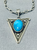 Fantastic Vintage Native American Navajo Kingman Turquoise Sterling Silver Triangle Necklace-Nativo Arts