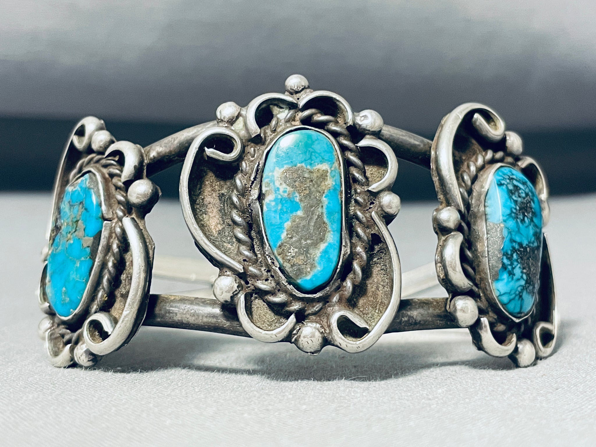 Native Sterling Silver 3 Turquoise Squash Blossom sale Cuff Bracelet Navajo