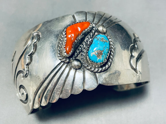 Wings Of Silver Vintage Native American Navajo Turquoise Coral Sterling Bracelet Cuff-Nativo Arts