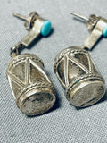 Extreme Detail Vintage Native American Navajo Turquoise Sterling Silver Drum Earrings-Nativo Arts
