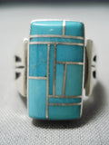 Native American Stunning Vintage Huge Inlay Turquoise Sterling Silver Channel Ring-Nativo Arts