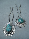 Fabulous Vintage Native American Navajo Royston Turquoise Sterling Silver Hairpins Set Old-Nativo Arts