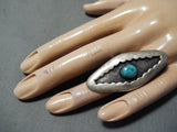 Unique Vintage Native American Navajo Old Kingman Turquoise Sterling Silver Shadowbox Ring Old-Nativo Arts