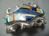 Heavy Extreme Detail Vintage Native American Navajo Turquoise Lapis Sterling Silver Bracelet Old-Nativo Arts