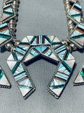 Important Vintage Native American Zuni Turquoise Inlay Sterling Silver Squash Blossom Necklace-Nativo Arts