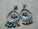 Best Vintage Zuni Native American Navajo Lapis Inlay Sterling Silver Chandelier Earrings Old-Nativo Arts