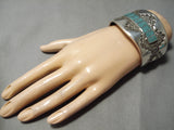 Huge Thick Heavy!! Native American Navajo Turquoise Sterling Silver Inlay Bracelet Cuff-Nativo Arts
