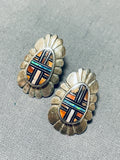 Elevated Inlay Vintage Native American Zuni Opal Sterling Silver Earrings-Nativo Arts