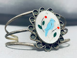 Ornate Vintage Native American Zuni Inlay Turquoise Blue Jay Sterling Silver Sizable Bracelet-Nativo Arts