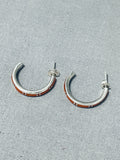 Marvelous Native American Navajo Coral Inlay Sterling Silver Hoop Earrings-Nativo Arts
