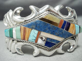 Heavy Extreme Detail Vintage Native American Navajo Turquoise Lapis Sterling Silver Bracelet Old-Nativo Arts