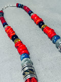 Authentic Singer Coral Native American Navajo Sterling Silver Turquoise Necklace-Nativo Arts