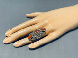 Towering Native American Navajo Coral Sterling Silver Leaf Ring-Nativo Arts