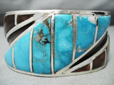 One Of The Best Vintage Native American Navajo Turquoise Inlay Sterling Silver Bracelet Huge-Nativo Arts