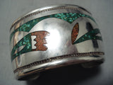 Huge Heavy Hand Tooled Vintage Native American Navajo Green Turquoise Sterling Silver Bracelet-Nativo Arts