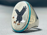 Ben Becenti Vintage Native American Navajo Blue Gem Turquoise Sterling Silver Eagle Ring-Nativo Arts