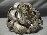 Statement Vintage Native American Navajo Green Turquoise Sterling Silver Leaf Bracelet Old-Nativo Arts