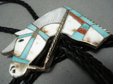 Important Vintage Native American Zuni Horse Turquoise Inlay Sterling Silver Bolo Tie Old-Nativo Arts