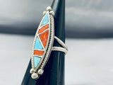 Mesmerizing Vintage Native American Navajo Inlay Blue Gem Turquoise Coral Sterling Silver Ring-Nativo Arts