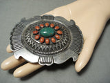 Heavy Important Vintage Native American Navajo Green Turquoise Coral Sterling Silver Buckle-Nativo Arts