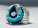 Eye-catching Native American Navajo Turquoise Diamond Sterling Silver Horseshoe Ring-Nativo Arts