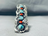One Of The Tallest Native American Navajo Turquoise Coral Sterling Silver Ring-Nativo Arts