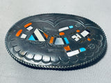 Intricate Heavy Patina Vintage Native American Navajo Turquoise Kachina Sterling Silver Buckle-Nativo Arts
