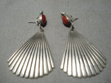 Detailed!! Vintage Native American Navajo Hand Carved Sterling Silver Coral Earrings Old-Nativo Arts
