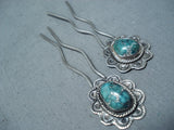 Fabulous Vintage Native American Navajo Royston Turquoise Sterling Silver Hairpins Set Old-Nativo Arts