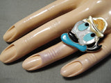 Detailed Huge Zuni Native American Donald Duck Turquoise Sterling Silver Ring-Nativo Arts