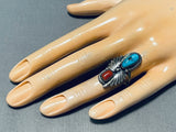 Outstanding Vintage Native American Navajo Morenci Turquoise Coral Sterling Silver Ring-Nativo Arts