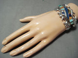 Heavy Extreme Detail Vintage Native American Navajo Turquoise Lapis Sterling Silver Bracelet Old-Nativo Arts