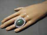 Huge Native American Green Turquoise Sterling Silver Stamped Ring-Nativo Arts